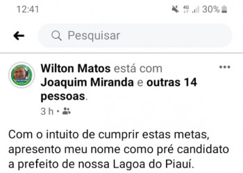 Pré candidato a prefeito de Lagoa do Piauí faz postagem com a foto de outra cidade.
